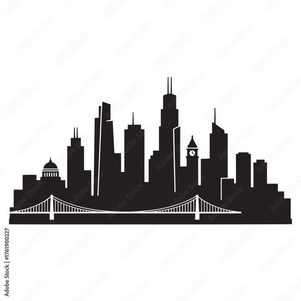 Fototapeta premium Silhouette of a city skyline, clean vector style, white background