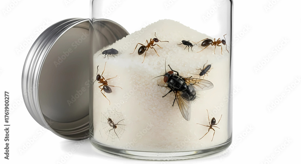 Obraz premium Unhygienic Sugar Storage with Insects Isolated on White