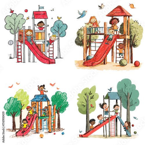 Hand-drawn children playing happily on a playground slide surrounded by trees and birds. Perfect for school posters, education materials, or outdoor activity illustrations.