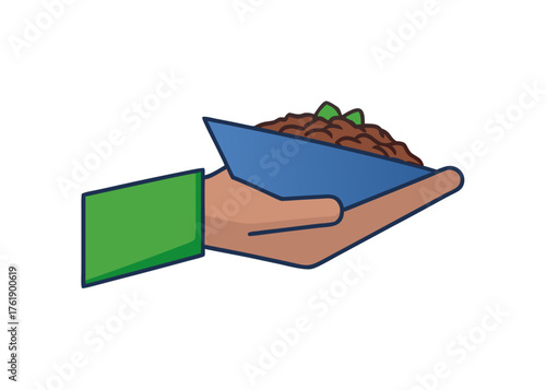 Hand holding bowl of food with green garnish in simple design  