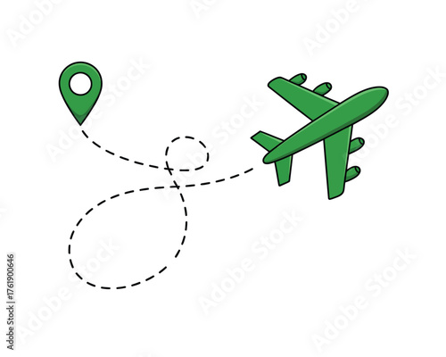 Green airplane and location pin illustrating travel and destination