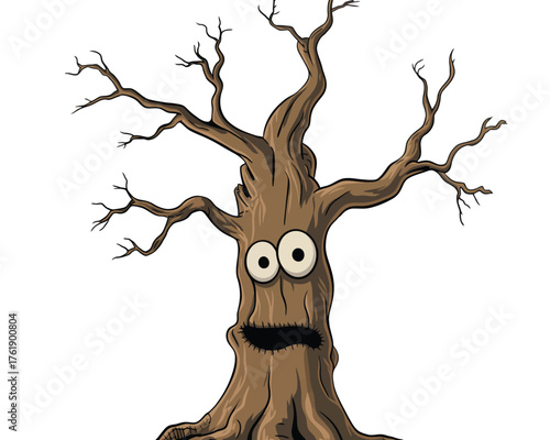 Whimsical cartoon tree with googly eyes and mouth