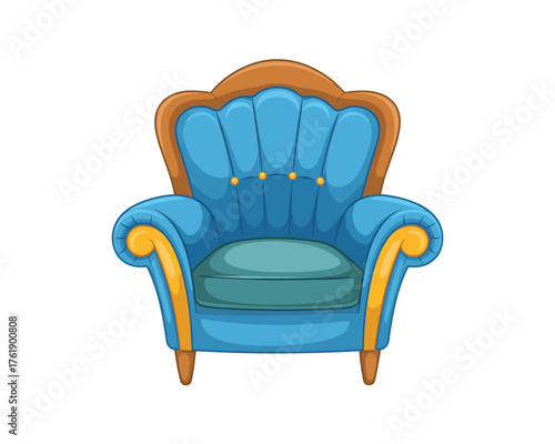 Ornate blue armchair with golden accents and tufted upholstery