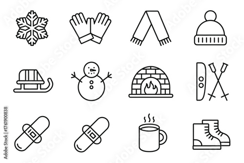 Winter icons set featuring snowflakes gloves scarf hat snowman fireplace skis and snowboard