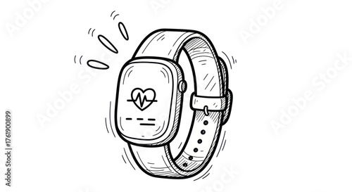 Hand-drawn sketch of a modern smartwatch displaying a heart rate monitor icon.