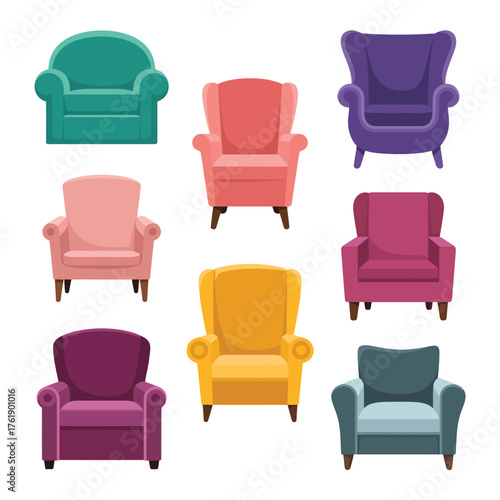 Collection of nine colorful wingback armchairs in a grid layout