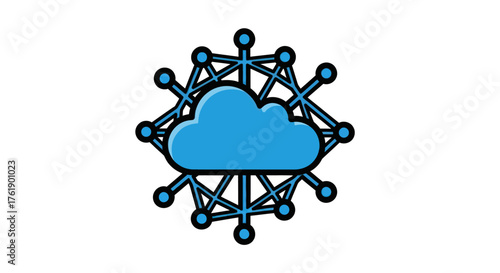 Cloud computing icon with a surrounding digital network of interconnected nodes and lines.