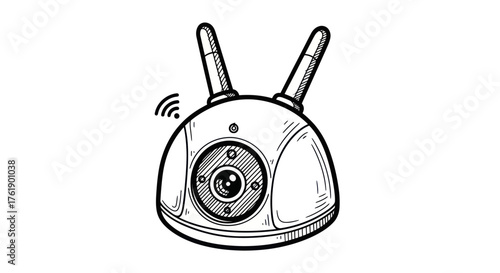 Hand-drawn sketch of a wireless IP security camera with two antennas and a Wi-Fi signal.