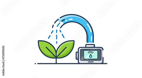 IoT smart farming icon with an automatic irrigation system watering a green plant.