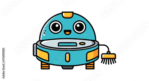 Cute Cartoon Robot Vacuum Cleaner with Big Eyes and a Small Brush.