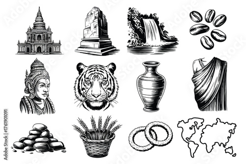 Collection of hand drawn sketches of cultural and natural landmarks