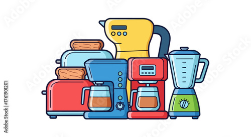 Vibrant Kitchen Appliances Illustration Set with Toasters Coffee Makers Blender and Kettle.
