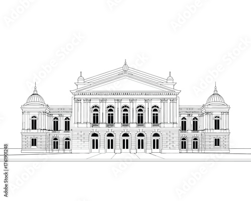 Elegant neoclassical building facade with symmetrical design and grand architecture