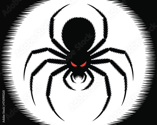 Silhouette of a black spider with glowing red eyes against a white background