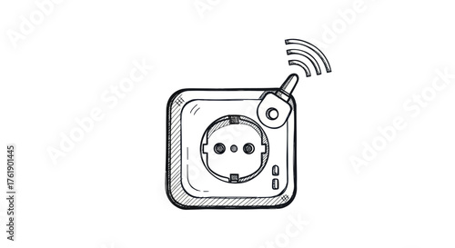 Hand-drawn sketch of a smart electrical outlet with Wi-Fi signal.