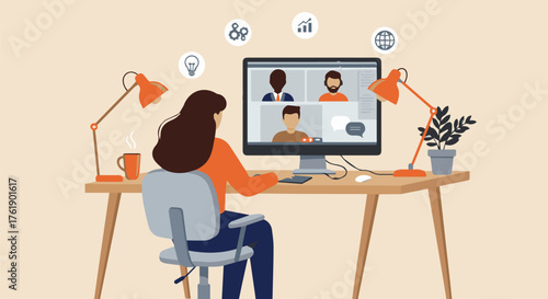 Woman participating in a video conference at a home office setup with lamps, a desk, and a computer