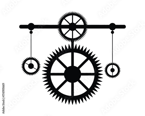Intricate black gears and cogs in mechanical arrangement