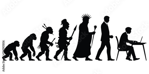 Silhouette of human evolution from ape to modern man using technology