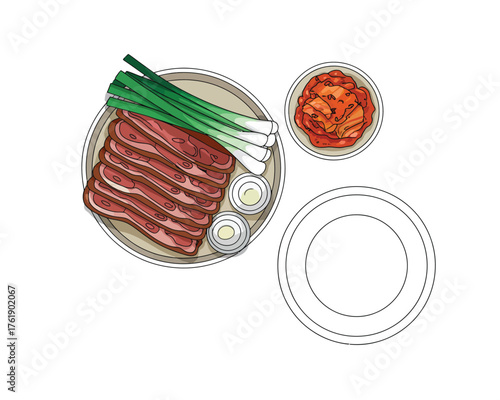 Korean barbecue raw beef short ribs with kimchi and scallions