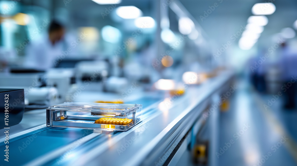 Fototapeta premium Clean room environment with robotic battery cell handling dust free manufacturing EV quality standards precision automation white room protocols specialized equipment