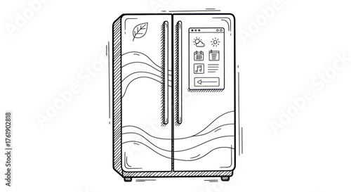Modern Smart Refrigerator with Touchscreen Display and Leaf Symbol.