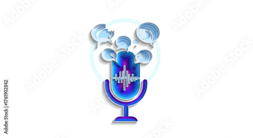 Digital Voice Assistant Microphone Icon with Speech Bubbles and Sound Wave.