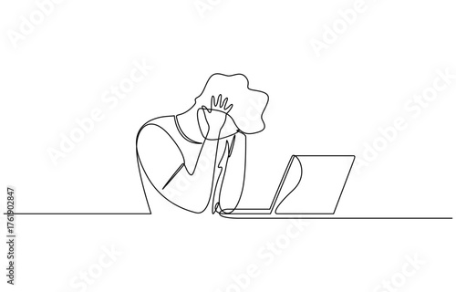 Continuous one line drawing professional burnout syndrome in black stroke isolated on transparent background