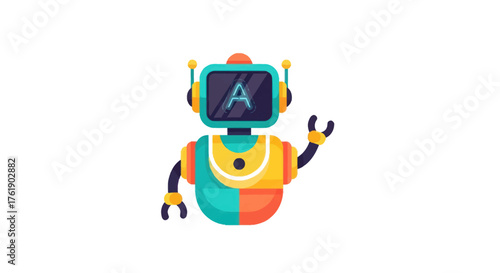 Colorful cartoon robot assistant with a screen face showing the letter A waving its hand.