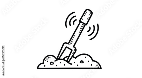 Hand-drawn illustration of a garden fork digging in soil.