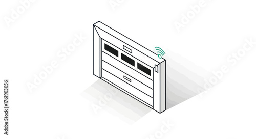 Isometric Line Art Smart Garage Door Illustration with Signal Icon.