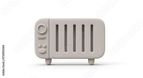 Minimalist beige radiator with rounded corners and vertical slats.