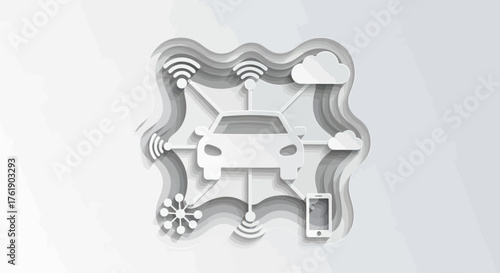 Paper Cutout of a Smart Car Connected to Cloud and Devices.