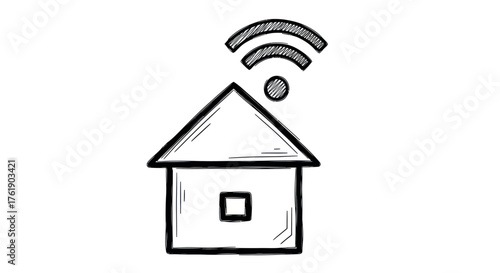 Hand-drawn House Symbol with Wireless Internet Connection.