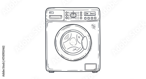 Front-loading washing machine sketch with control panel and door.