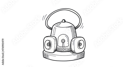 Hand-drawn illustration of a vintage bell with two speakers.