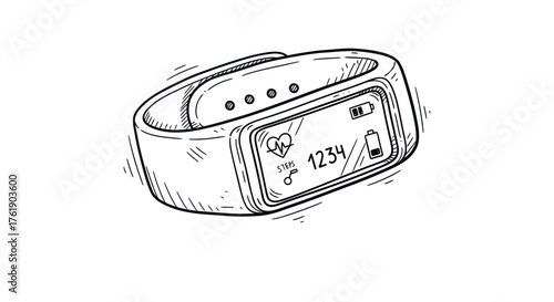 Hand-drawn sketch of a modern fitness tracker bracelet with digital display.