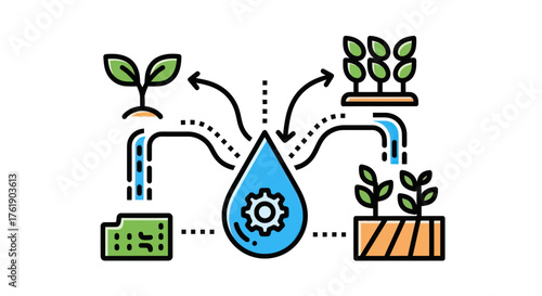 Agricultural Water Management Icon with Plants and Irrigation System.