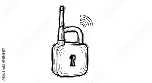 Wireless Security: Padlock with Antenna and Signal Waves.