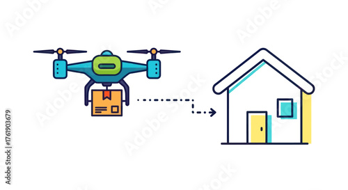 Cartoon Drone Delivering Package to a House for Delivery Service.