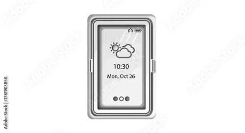 E-reader Device Displaying Weather and Time Information on Screen.