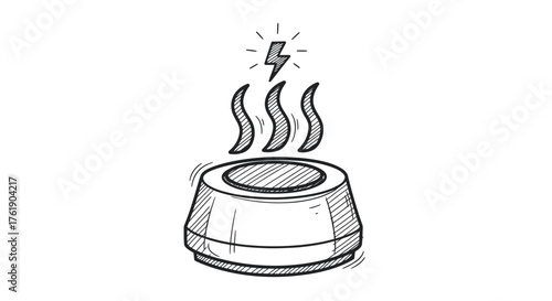 Hand-drawn illustration of a steaming electric heating element with a lightning bolt symbol.