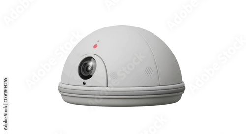 Modern Dome-Shaped Surveillance Camera with Lens and Red Light.