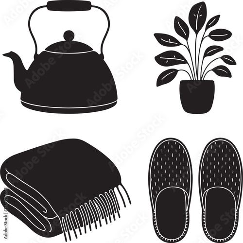 Cozy Home Essentials Kettle, Plant, Blanket, Slippers