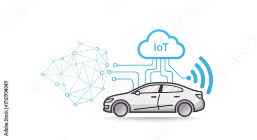 Modern smart connected car illustration with IoT cloud technology and network.