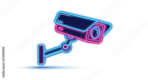 Neon Security Camera Illustration with Blue and Pink Glow.