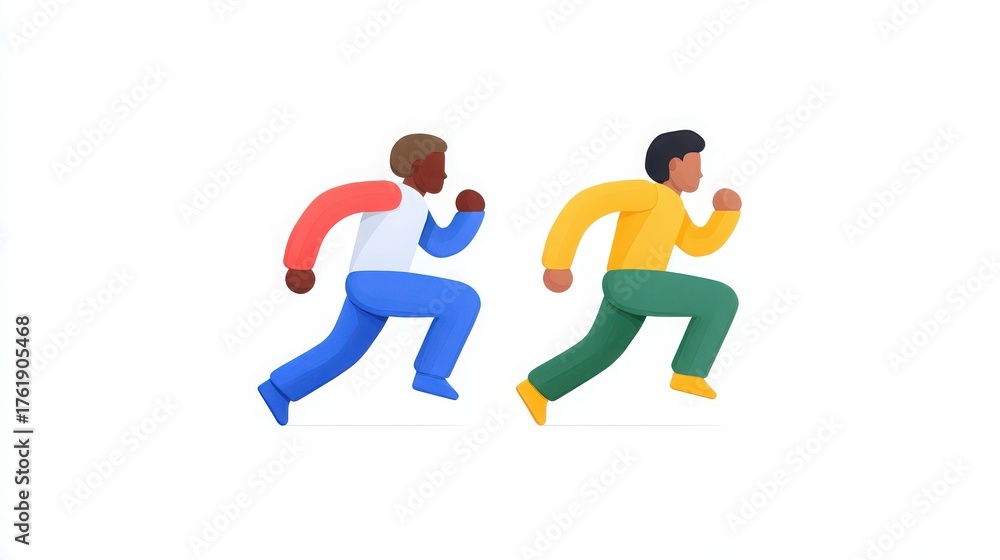Fototapeta premium Two Cartoon Characters Running in Dynamic Motion on a White Background
