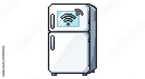 Pixel art illustration of a white smart refrigerator with a Wi-Fi symbol on its screen.