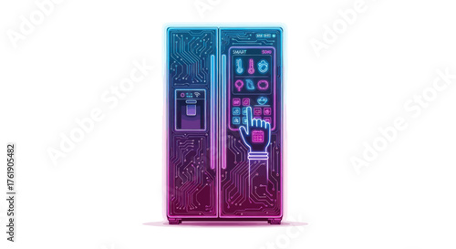 Modern Smart Refrigerator with Digital Touchscreen Interface and Water Dispenser.