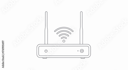 Line art illustration of a WiFi router with two antennas and signal waves.