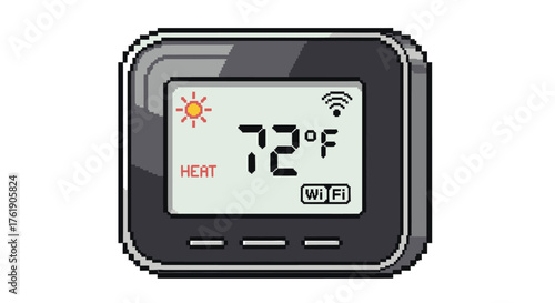 Digital Smart Thermostat Displaying 72 Degrees Fahrenheit and Wi-Fi Signal.